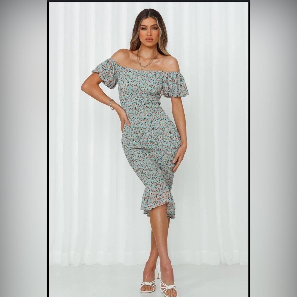 Hello Molly Smocked Floral Midi‎ Dress Sage Green Orange Off Shoulder 76396-14 S